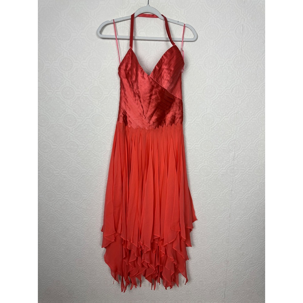 Vintage Y2K Issue 100% Silk Fairycore Halter Dress Cocktail Bandage Coral Size 2